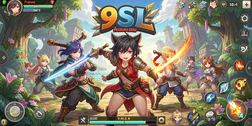 Screenshot utama dari gameplay seru 9SL menampilkan pertarungan karakter Anime.