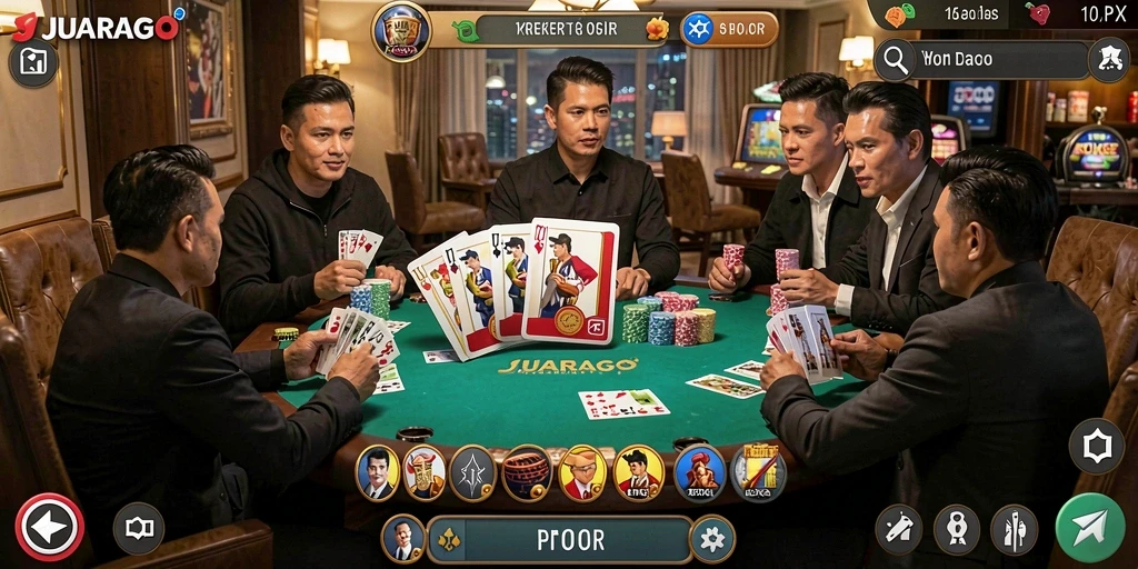 Screenshot gameplay JUARAGO menampilkan pertarungan poker yang mendebarkan.