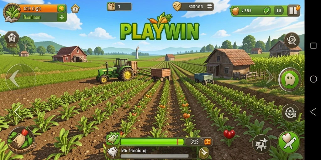 Gameplay PLAYWIN menampilkan serunya bertani dan merawat hewan peliharaan.