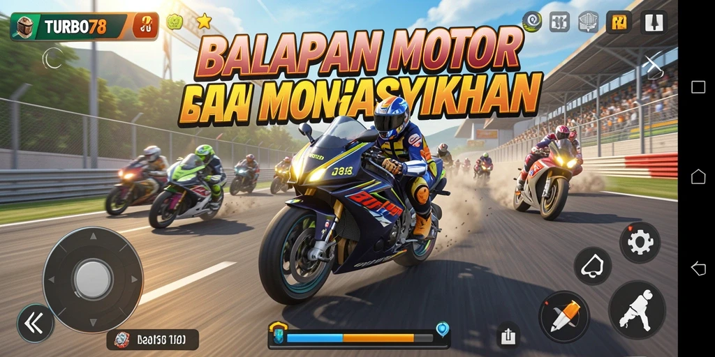 Gameplay TURBO78 dengan balapan motor yang seru dan mendebarkan.