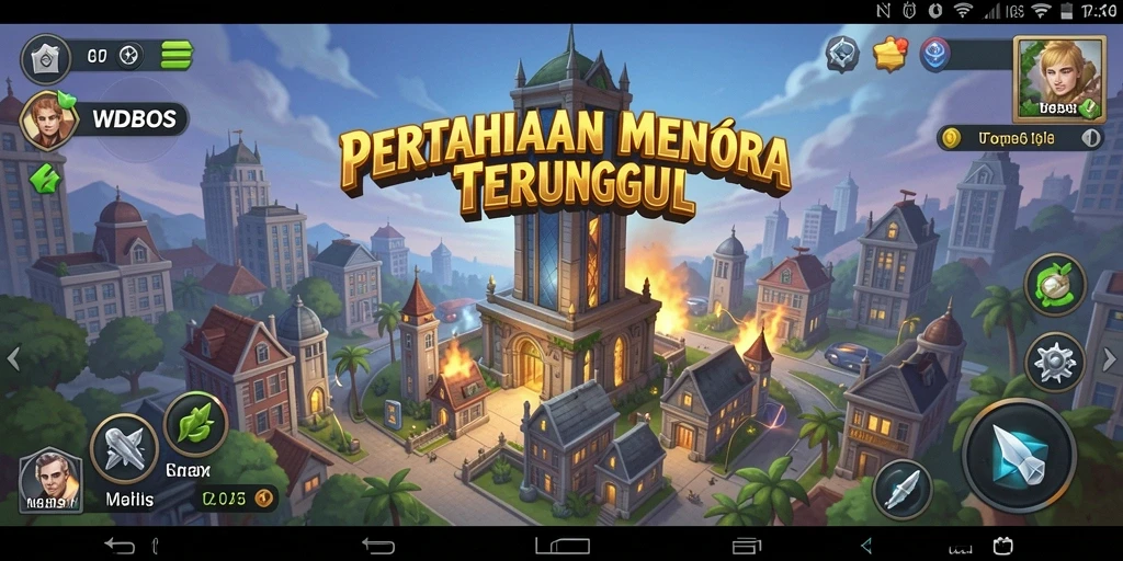 Screenshot utama gameplay WDBOS menunjukkan pertahanan menara sedang beraksi.